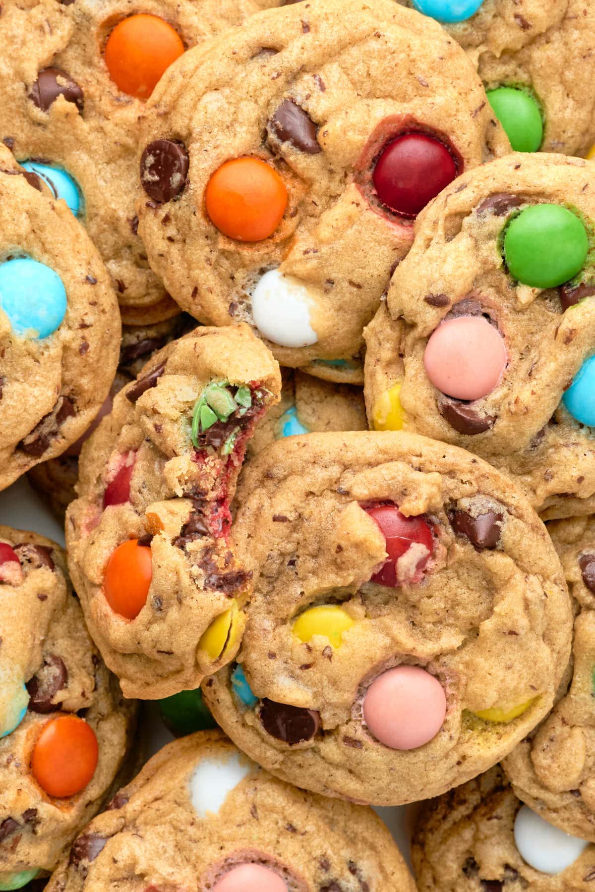 close up of candy-filled chocolate chip cookies.