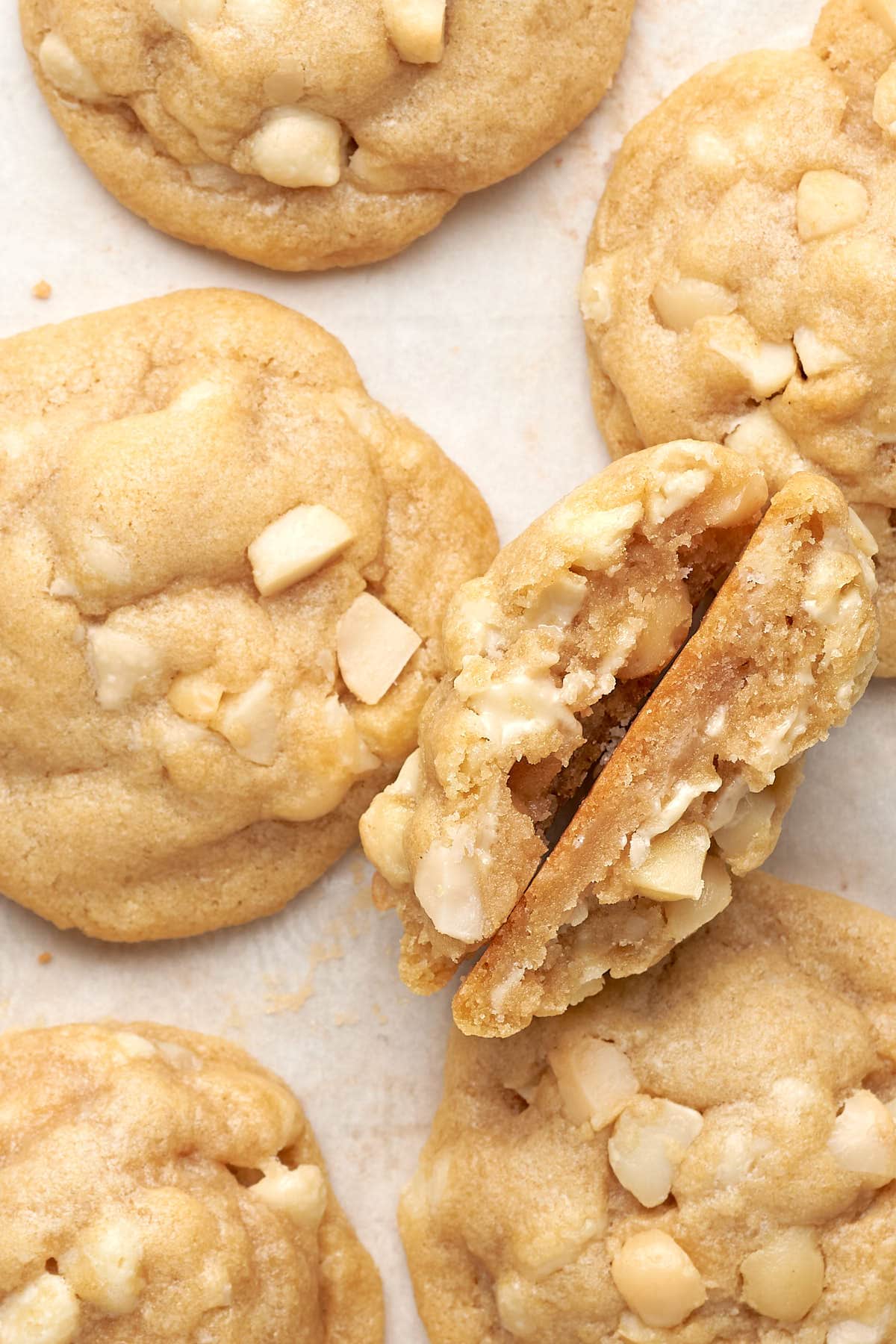 close up of cookie cut in half.