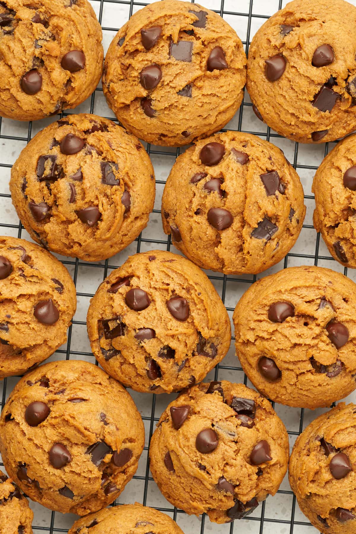 vegan pumpkin chocolate chip cookies on a cooling rack.
