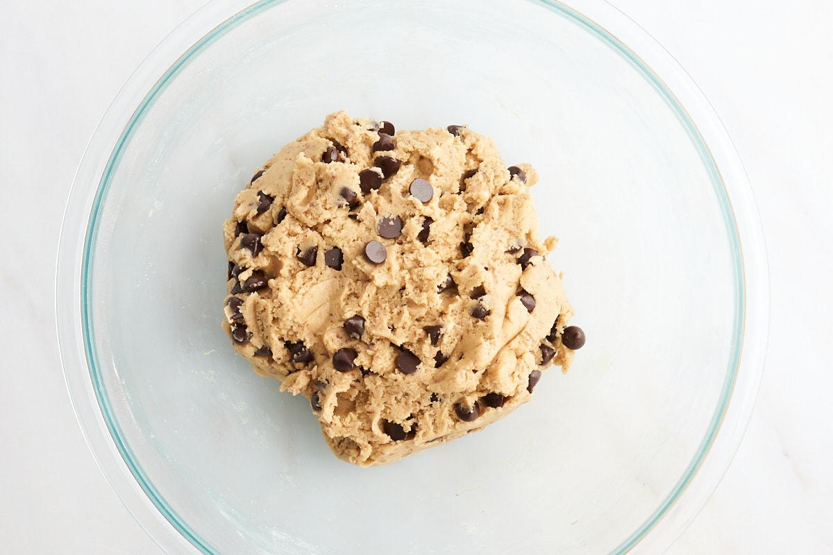 chocolate chip cookie dough in a bowl.