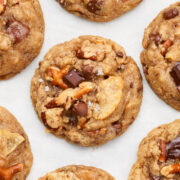 close up of baked vegan kitchen sink cookies.